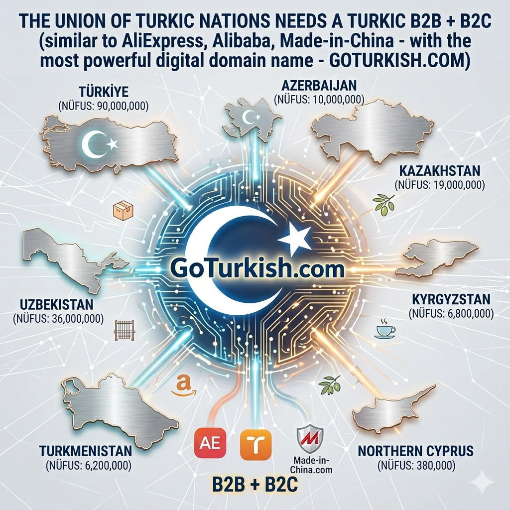 Seller-supplied visual concept showing GoTurkish.com as a cross-border Turkic B2B and B2C network